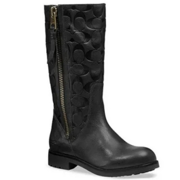 Coach Valentine Embossed Signature C Logo Black Leather Chunky Heel Zip Mid Boot - Picture 9 of 9